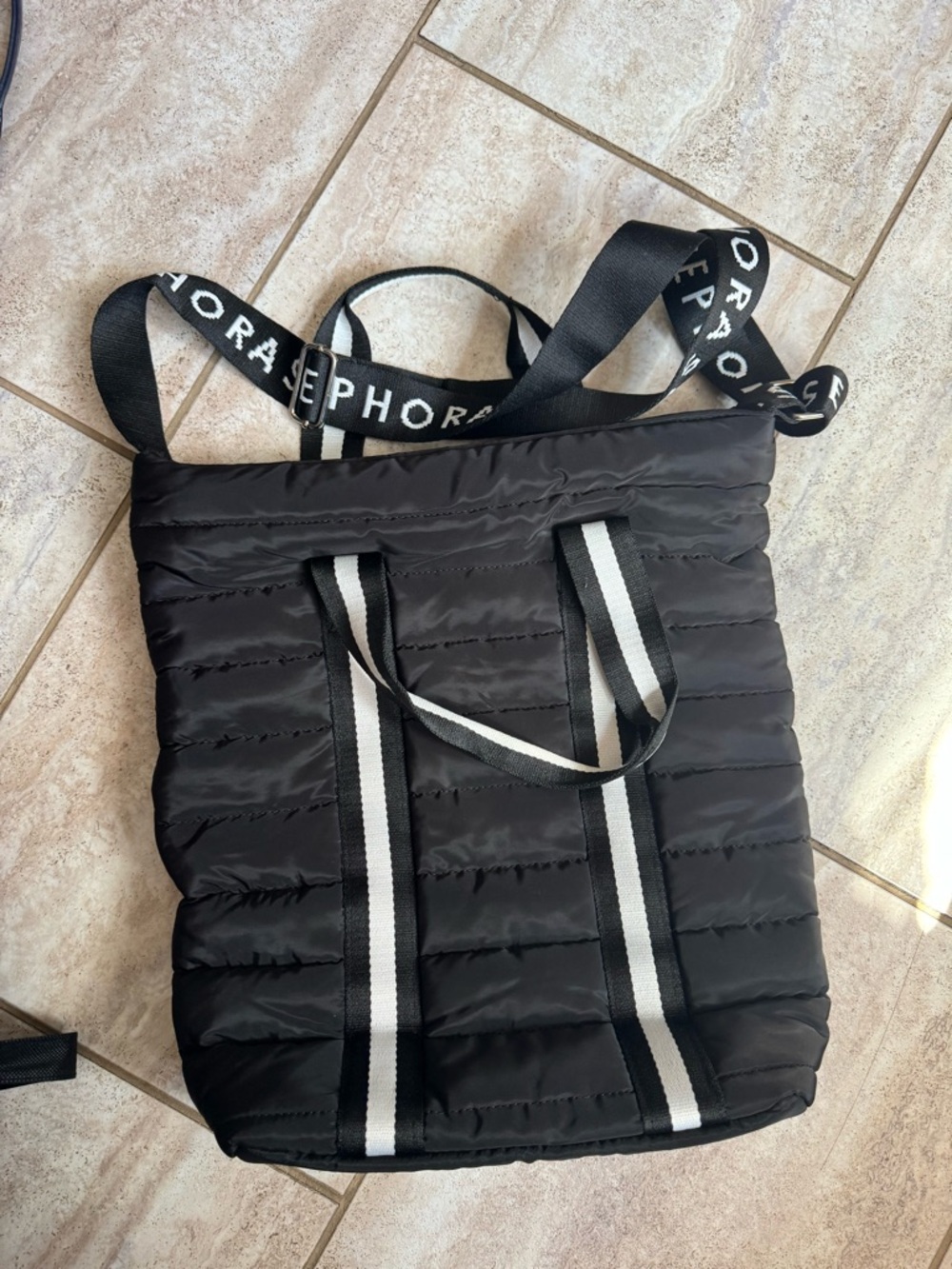 Sephora Black Quilted Tote with White-Trim Straps